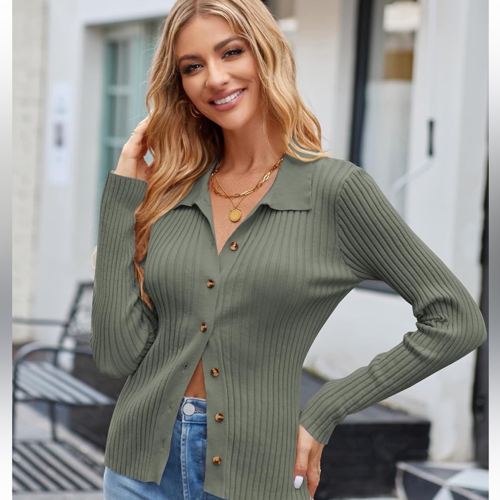 Ribbed Button Down Cardigan - Sage Green